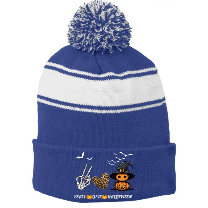 Peace Love Halloween Cute Peace Love Funny Halloween Great Gift Stripe Pom Pom Beanie