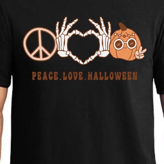 Peace Love Halloween Cute Skeleton Hand Hippie Pumpkin Retro Gift Pajama Set