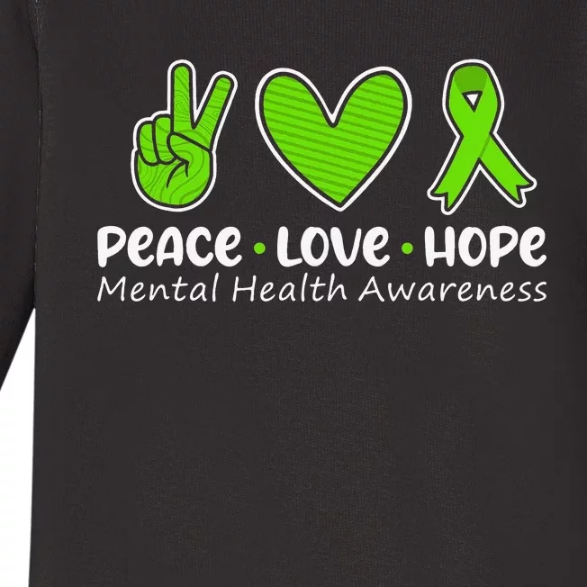 Peace Love Hope Mental Health Awareness Green Ribbon Baby Long Sleeve Bodysuit