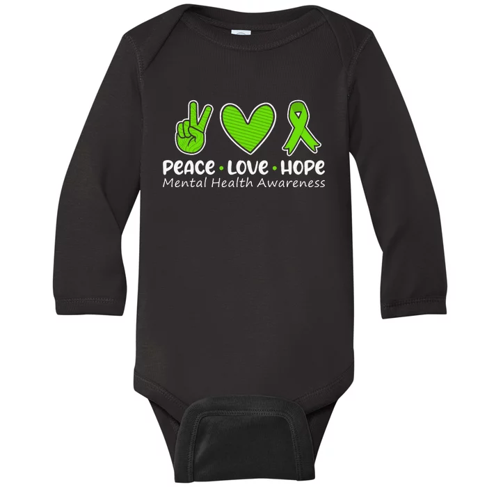 Peace Love Hope Mental Health Awareness Green Ribbon Baby Long Sleeve Bodysuit