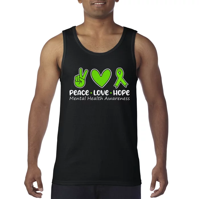 Peace Love Hope Mental Health Awareness Green Ribbon Tank Top