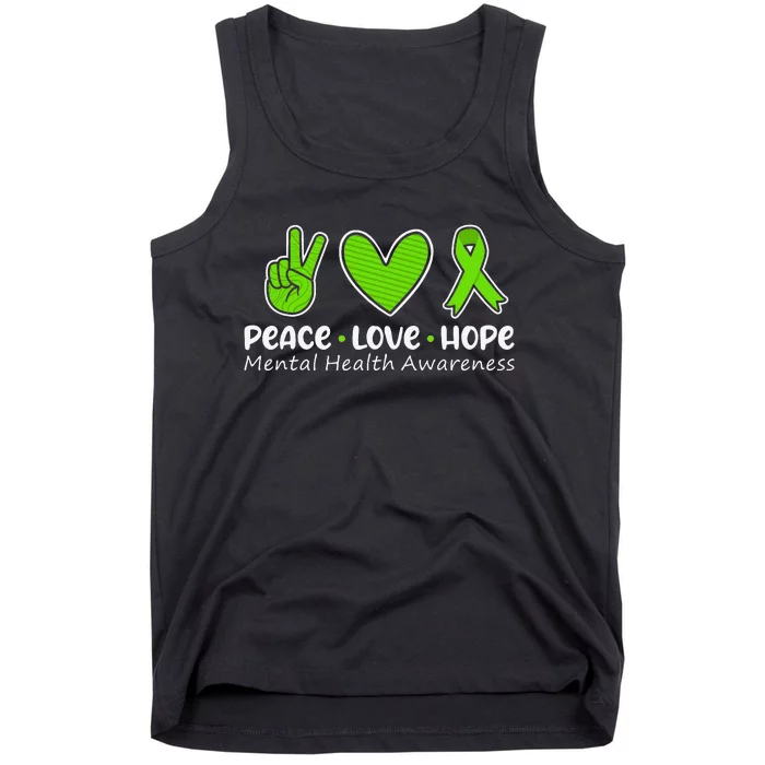 Peace Love Hope Mental Health Awareness Green Ribbon Tank Top