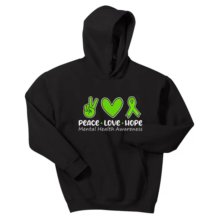 Peace Love Hope Mental Health Awareness Green Ribbon Kids Hoodie