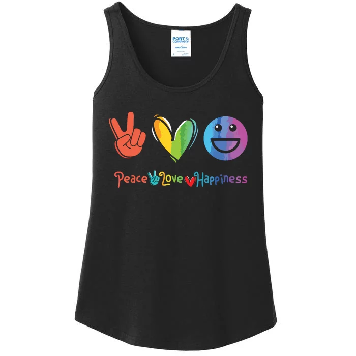 Peace Love Happiness Rainbow Watercolor Happy Face Smile Ladies Essential Tank