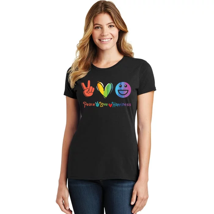 Peace Love Happiness Rainbow Watercolor Happy Face Smile Women's T-Shirt