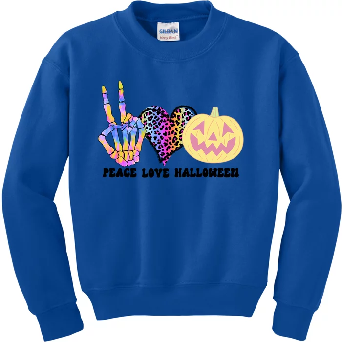 Peace Love Halloween Skeleton Hand And Tie Dye Leopard Heart Cute Gift Kids Sweatshirt