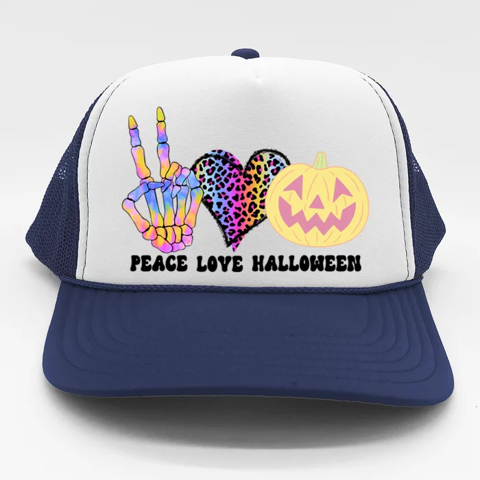 Peace Love Halloween Skeleton Hand And Tie Dye Leopard Heart Cute Gift Trucker Hat