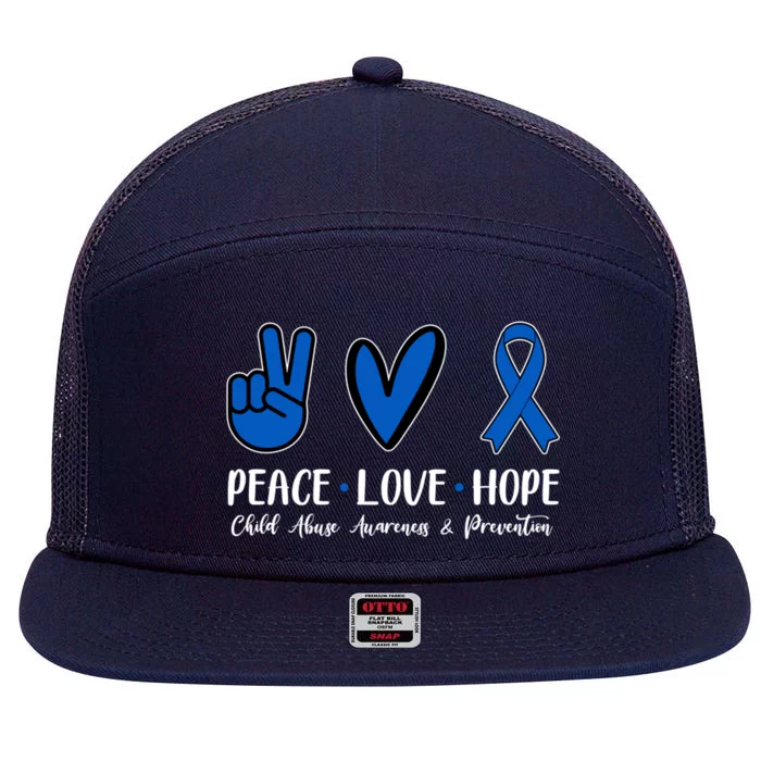 Peace Love Hope Abuse Awareness Month Ribbon Support Gift 7 Panel Mesh Trucker Snapback Hat