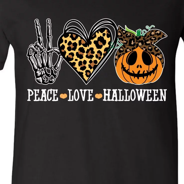 Peace Love Halloween Festive Leopard V-Neck T-Shirt