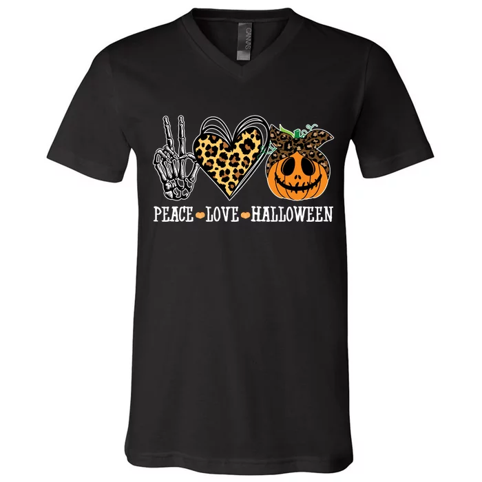 Peace Love Halloween Festive Leopard V-Neck T-Shirt