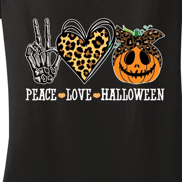 Peace Love Halloween Festive Leopard Women's V-Neck T-Shirt