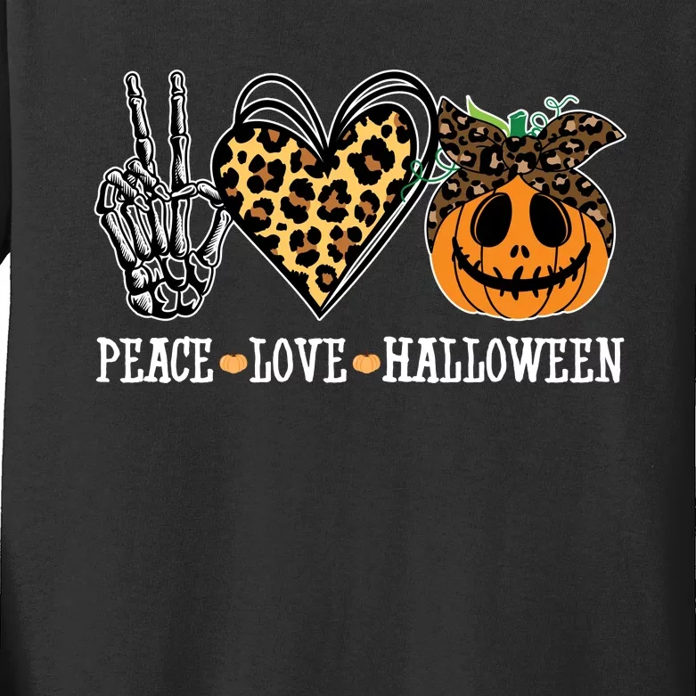 Peace Love Halloween Festive Leopard Kids Long Sleeve Shirt