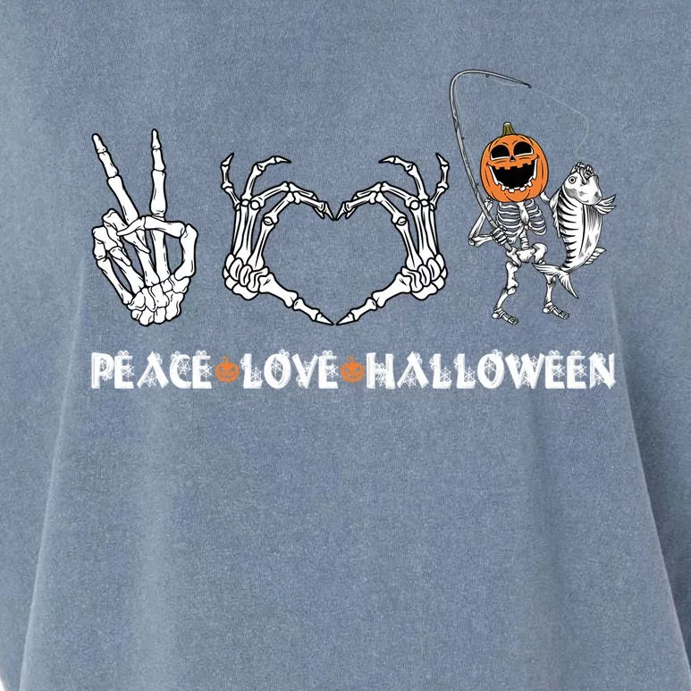 Peace Love Halloween Funny Happy Pumpkin Skeleton Fishing Gift Garment-Dyed Women's Muscle Tee