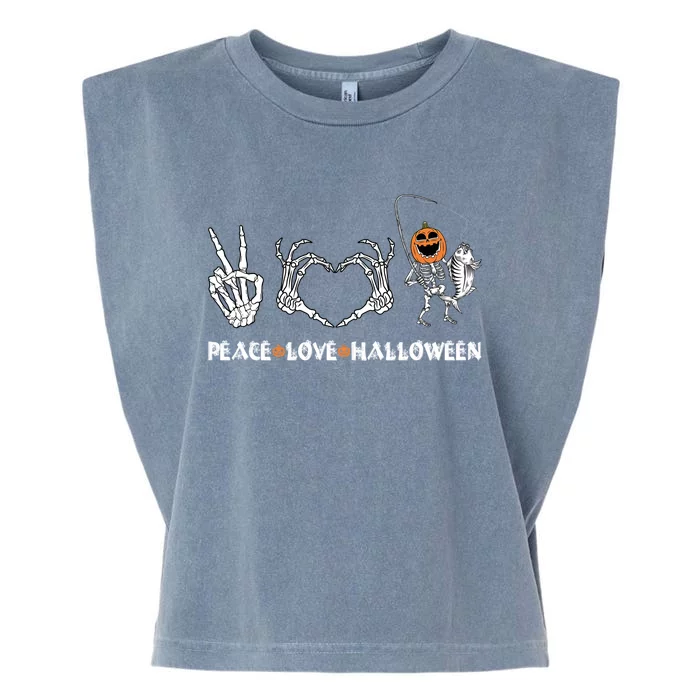 Peace Love Halloween Funny Happy Pumpkin Skeleton Fishing Gift Garment-Dyed Women's Muscle Tee