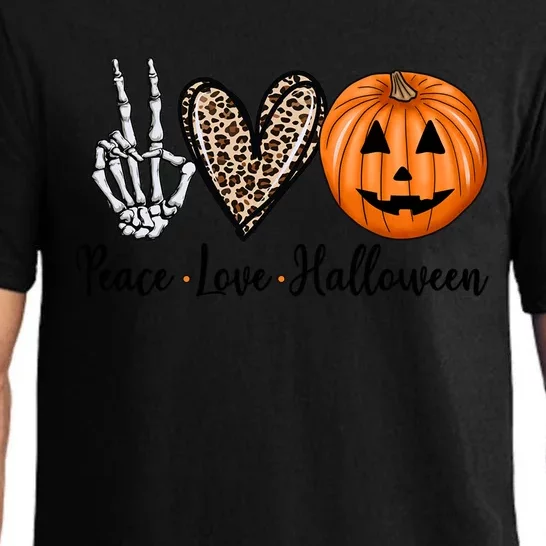 Peace Love Halloween Leopard Heart Skeleton Hand Pumpkin Cool Gift Pajama Set