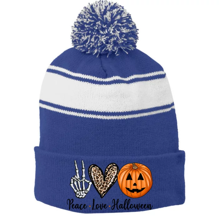 Peace Love Halloween Leopard Heart Skeleton Hand Pumpkin Cool Gift Stripe Pom Pom Beanie