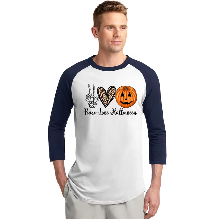 Peace Love Halloween Leopard Heart Skeleton Hand Pumpkin Cool Gift Baseball Sleeve Shirt