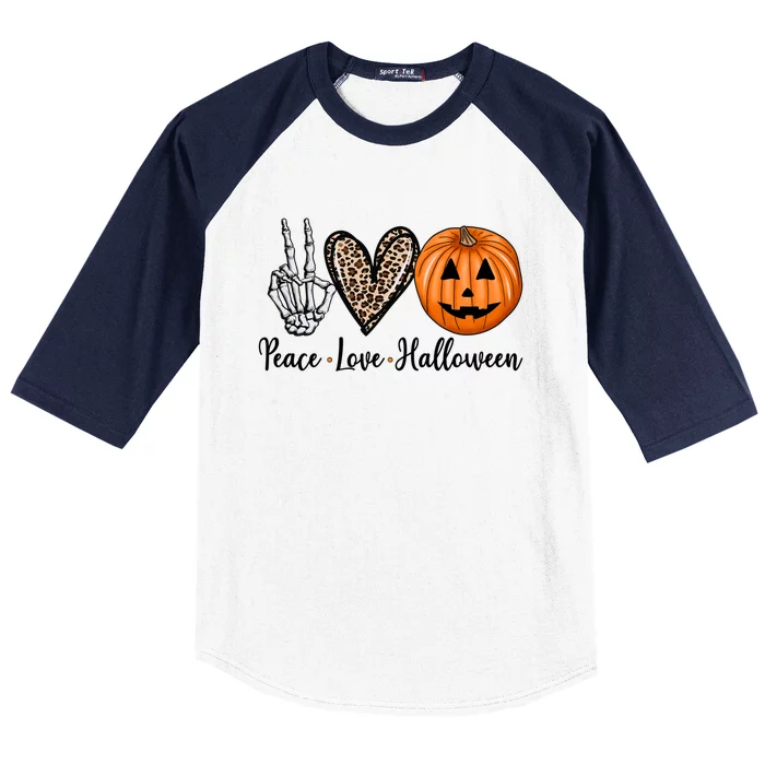 Peace Love Halloween Leopard Heart Skeleton Hand Pumpkin Cool Gift Baseball Sleeve Shirt