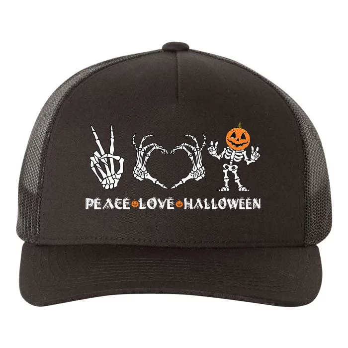 Peace Love Halloween Happy Halloween Pumpkin skeleton Hands Yupoong Adult 5-Panel Trucker Hat