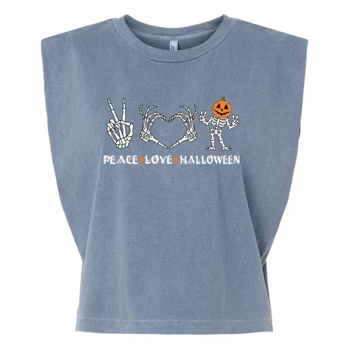 Peace Love Halloween Happy Halloween Pumpkin skeleton Hands Garment-Dyed Women's Muscle Tee