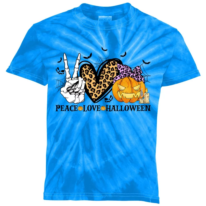 Peace Love Halloween Costume Funny Pumpkin Leopard Meaningful Gift Kids Tie-Dye T-Shirt