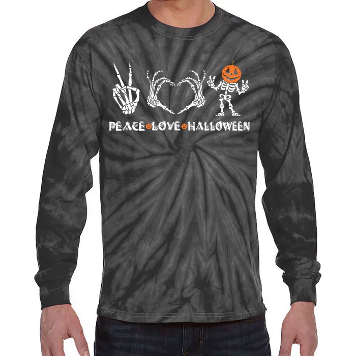 Peace Love Halloween Happy Halloween Pumpkin Skeleton Hands Tie-Dye Long Sleeve Shirt