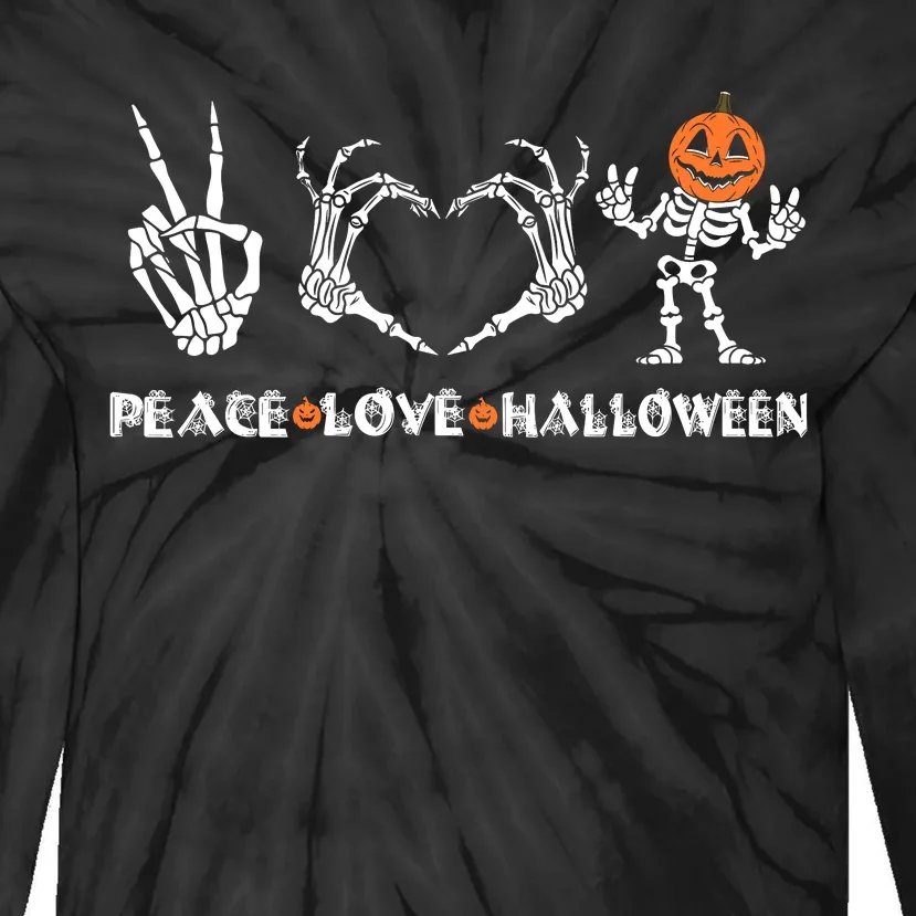 Peace Love Halloween Happy Halloween Pumpkin Skeleton Hands Tie-Dye Long Sleeve Shirt