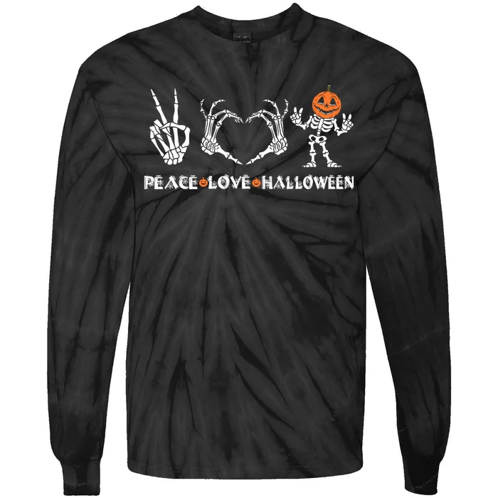 Peace Love Halloween Happy Halloween Pumpkin Skeleton Hands Tie-Dye Long Sleeve Shirt