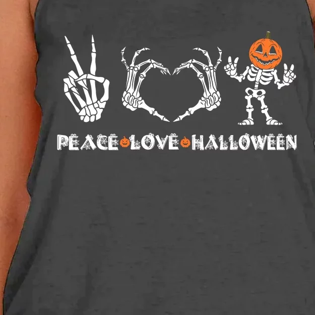 Peace Love Halloween Happy Halloween Pumpkin Skeleton Hands Women's Knotted Racerback Tank