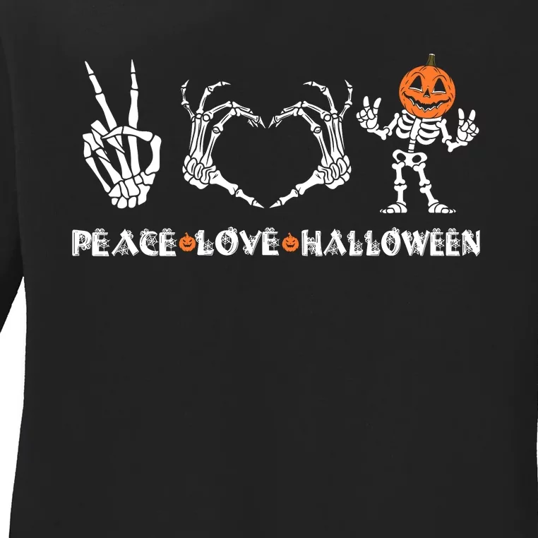 Peace Love Halloween Happy Halloween Pumpkin Skeleton Hands Ladies Long Sleeve Shirt