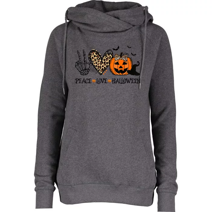 Peace Love Halloween Happy Halloween Pumpkin Leopard Womens Funnel Neck Pullover Hood