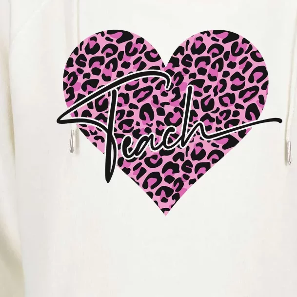 Pink Love Heart Leopard Print Teacher Womens Funnel Neck Pullover Hood