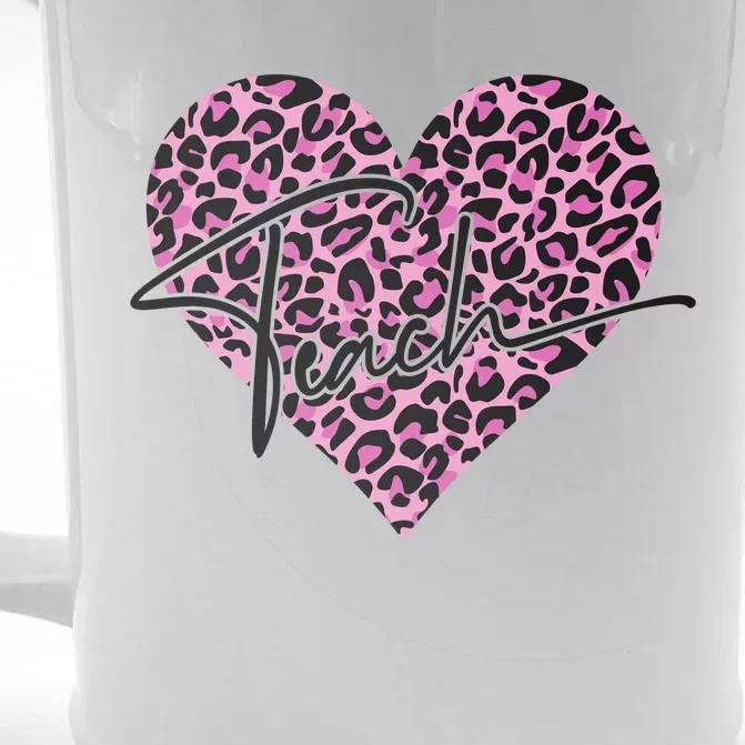 Pink Love Heart Leopard Print Teacher Front & Back Beer Stein