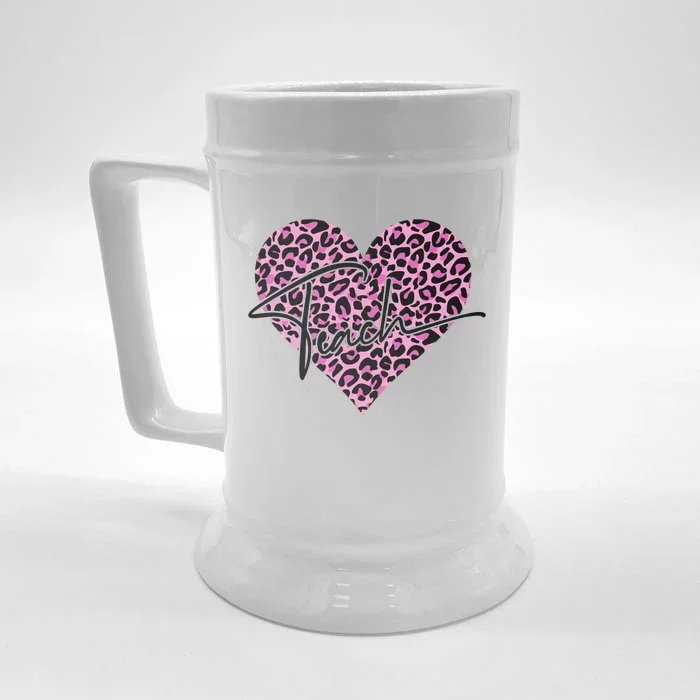 Pink Love Heart Leopard Print Teacher Front & Back Beer Stein