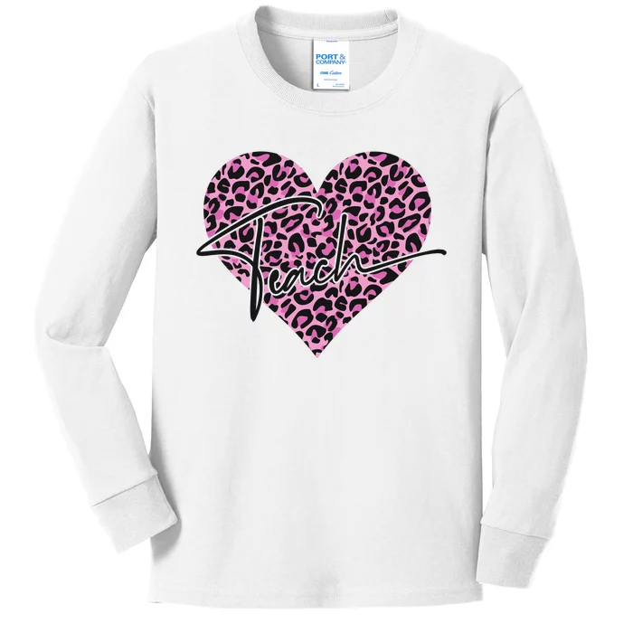 Pink Love Heart Leopard Print Teacher Kids Long Sleeve Shirt