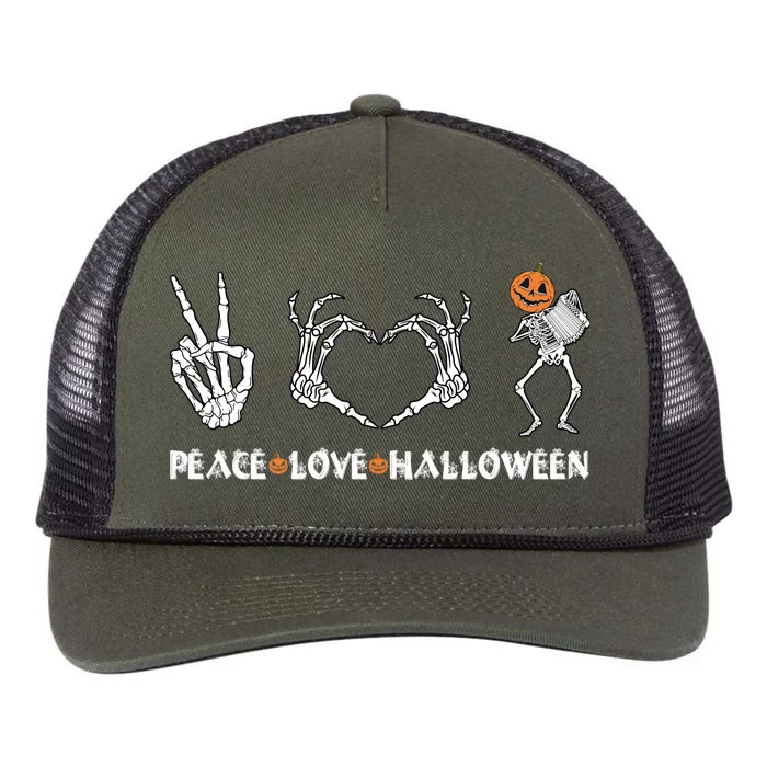 Peace Love Halloween Pumpkin Skeleton Playing Accordion Funny Gift Retro Rope Trucker Hat Cap