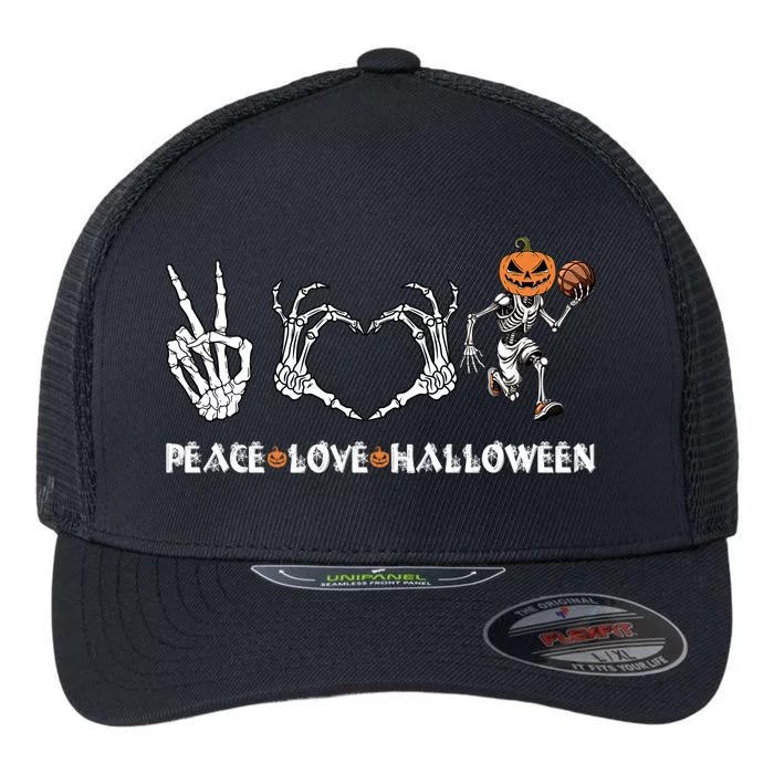 Peace Love Halloween Pumpkin Skeleton Playing Basketball Cool Gift Flexfit Unipanel Trucker Cap