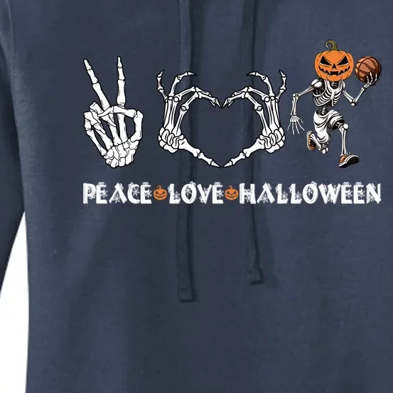 Peace Love Halloween Pumpkin Skeleton Playing Basketball Cool Gift Women's Pullover Hoodie