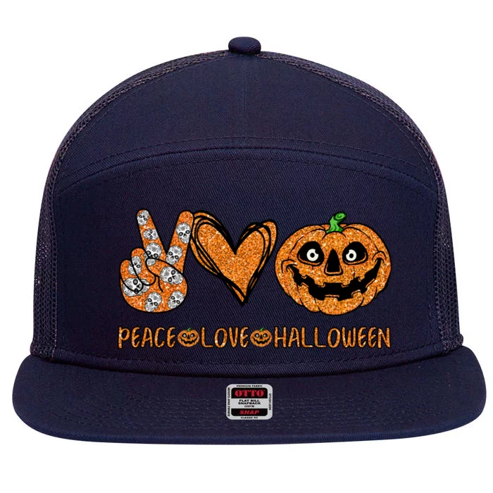 Peace Love Halloween Funny Cool Gift 7 Panel Mesh Trucker Snapback Hat