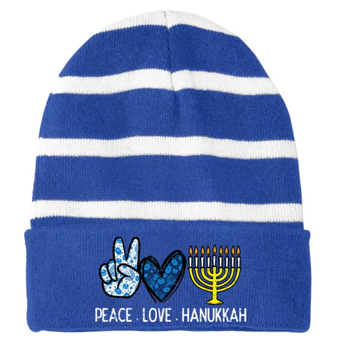 Peace Love Hanukkah Retro Chanukah Jewish Striped Beanie with Solid Band