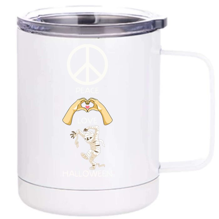 Peace Love Halloween Mummy Hand Heart Peace Sign Costume Gift Front & Back 12oz Stainless Steel Tumbler Cup