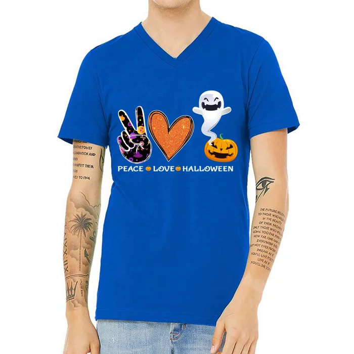 Peace Love Halloween Pumpkin Cute Ghost Heart Cute Gift V-Neck T-Shirt