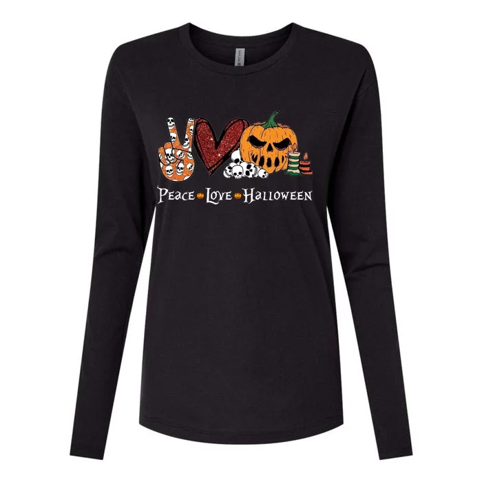 Peace Love Halloween Pumpkin Skull Funny Halloween Costume Gift Womens Cotton Relaxed Long Sleeve T-Shirt