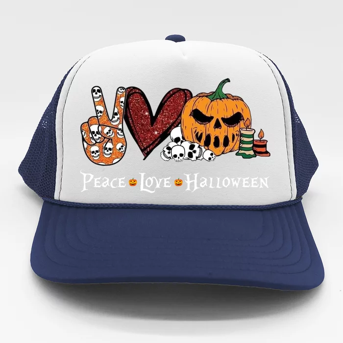 Peace Love Halloween Pumpkin Skull Funny Halloween Costume Gift Trucker Hat