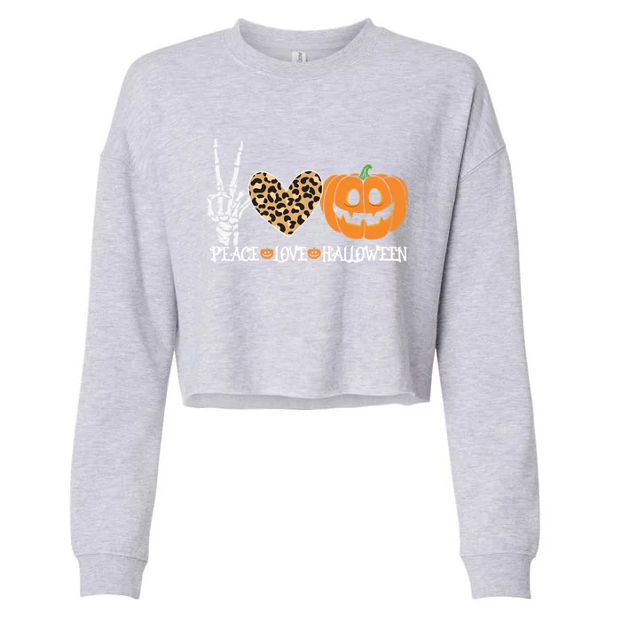 Peace Love Halloween Skeleton Hand Pumpkin Leopard Heart Cool Gift Cropped Pullover Crew