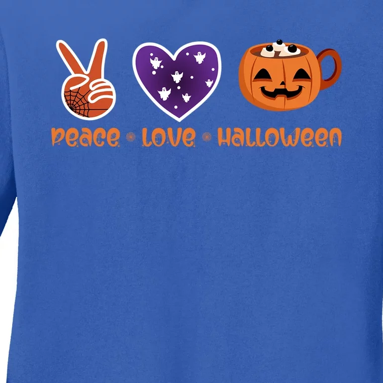 Peace Love Halloween Spirit Spooky Pumpkin Cocoa Tea Cool Gift Ladies Long Sleeve Shirt