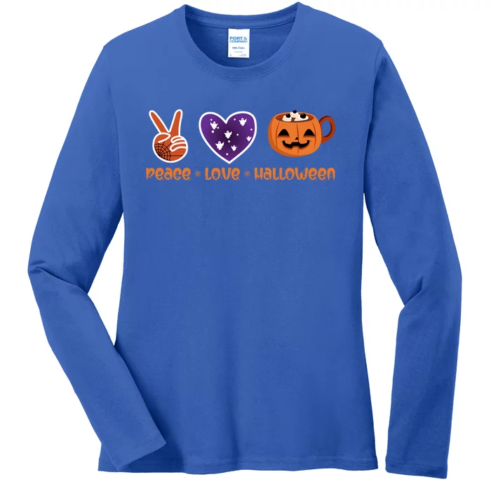 Peace Love Halloween Spirit Spooky Pumpkin Cocoa Tea Cool Gift Ladies Long Sleeve Shirt