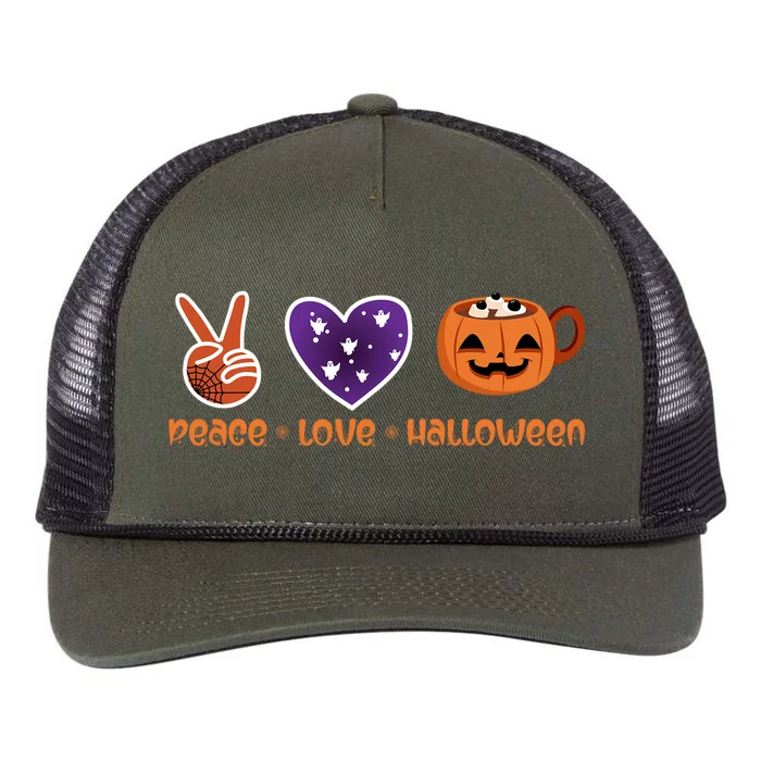 Peace Love Halloween Spirit Spooky Pumpkin Cocoa Tea Cool Gift Retro Rope Trucker Hat Cap