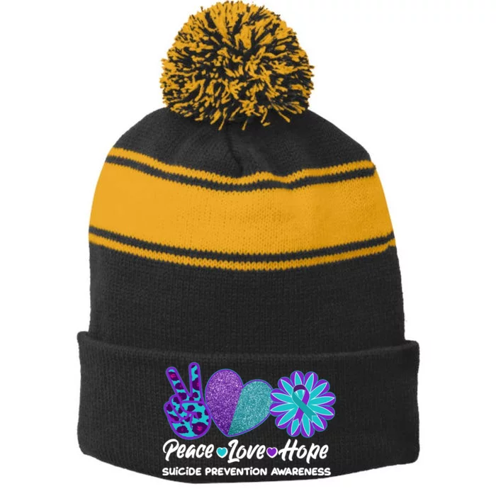 Peace Love Hope Suicide Prevention Awareness Stripe Pom Pom Beanie