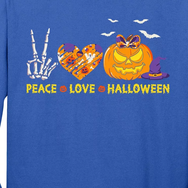 Peace Love Halloween Skeleton Hand And Pumpkin Leopard Heart Gift Long Sleeve Shirt